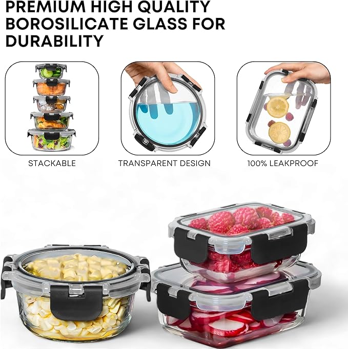 Razab 30 PC Glass Food Storage Containers with Lids - Reusable Glass Meal Prep Containers for Lunch and Leftovers - Airtight & Leakproof Snap Locking Lids - Oven, Freezer, Microwave, Dishwasher Safe