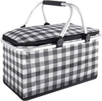 Insulated Picnic Basket,Collapsible Cooler Bag,32L Grocery Basket with Lid,2 Sturdy Handles,Storage Basket for Picnic,Food Delivery,Take Outs,Market Shopping,Travel (Black Grid)