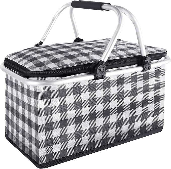 Insulated Picnic Basket,Collapsible Cooler Bag,32L Grocery Basket with Lid,2 Sturdy Handles,Storage Basket for Picnic,Food Delivery,Take Outs,Market Shopping,Travel (Black Grid)