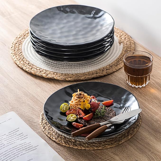 vicrays Ceramic Dinner Plates Set, 10 Inch, Microwave, Oven, Dishwasher Safe, Round, Porcelain Fluted Suitable for Steak, Pasta, Pizza, Home, Restaurant - Set of 6 Black