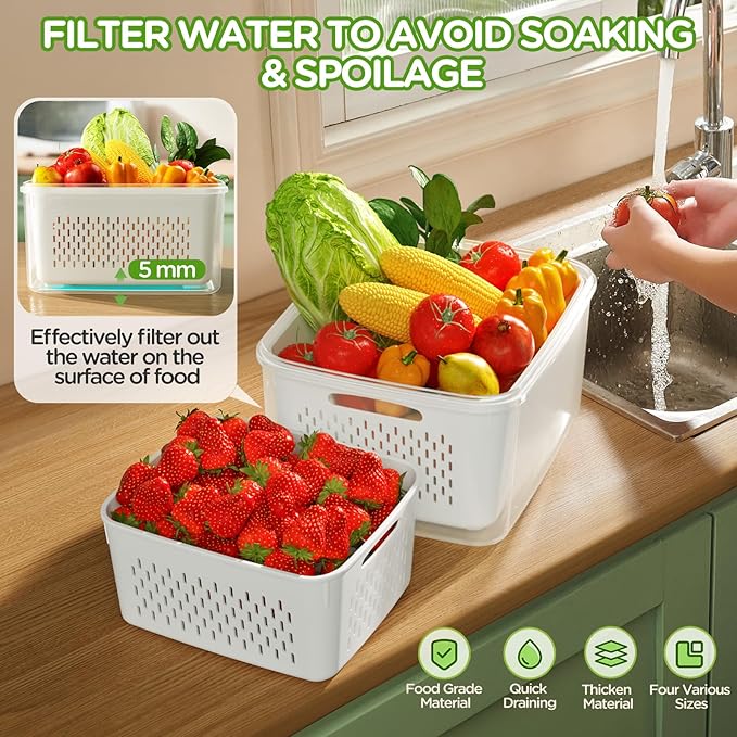 4 PCS Fruit Storage Containers for Fridge, Produce Containers for Fridge with Removable Colander, All-In-One Fruit Washing Bowl with Strainer Microwave/Dishwasher Safe for Salad Berry Lettuce Keeper