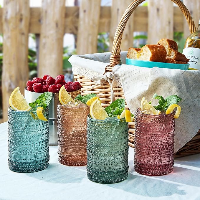 Khen Hobnail Beaded Highball Drinking Tumbler Glasses | Set of 4 | Color, Vintage Bubble Design Whiskey Glassware, Old-Fashioned, Embossed Design for Water, Wine, Cocktail Embossed, Rocks Glass