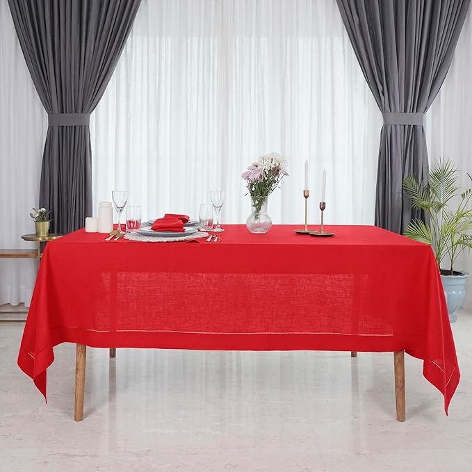 D'Moksha Homes Bright Red Linen Tablecloth 60 x 120 Inch - 100% Pure Linen Hemstitch Tablecloth for Rectangle Tables - Classic Hemstitch, Machine Washable Table Cloth for Summer, Fall and Halloween
