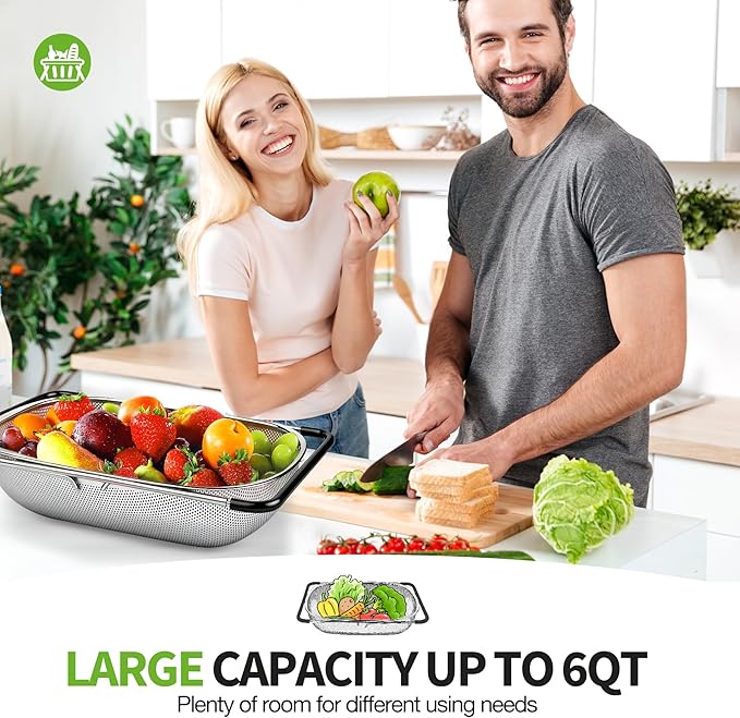 FirstE Over the Sink Colander Strainer Basket 6 Quart, Fine Mesh Stainless Steel Colander with Expandable Anti-slip Rubber Grip Handles, Kitchen Sink Vegetable Strainer for Drain Pasta, Rinse Fruits