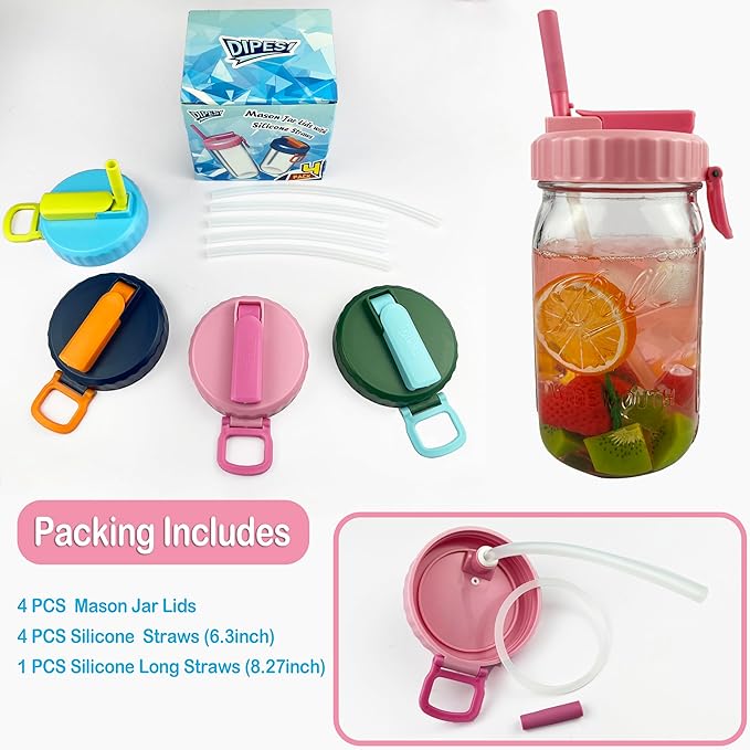 4 Pack Wide Mouth Mason Jar Lids with Straw, Leak-Proof Covers for Drinking or Storage, Fits Ball & Kerr Mason Jars