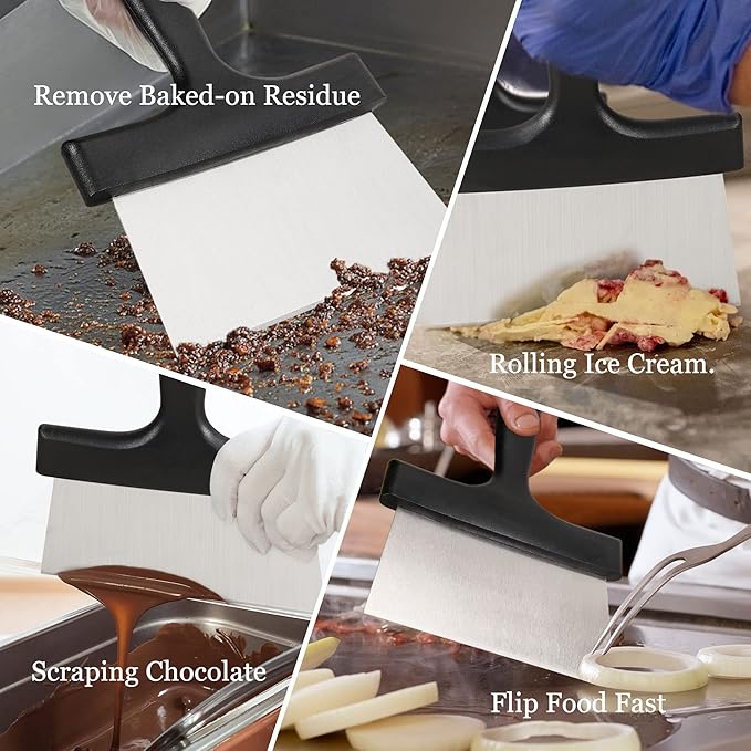Grill Scraper 6.4 Inch Stainless Steel Griddle Scraper with Plastic Handle Versatile Food Scraper Tool for Flat Top Teppanyaki BBQ Blackstone Griddle Accessories