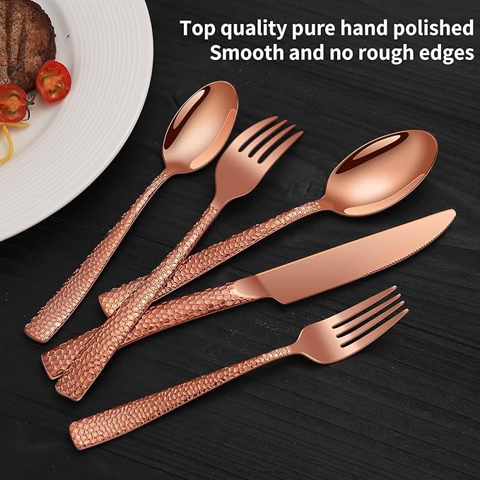40-Piece Silverware Set, Rose Gold Hammered Stainless Steel Flatware Sets for 8, Food-Grade Tableware Set, Including Fork Knife Spoon Set, Home Kitchen Cutlery Sets, Dishwasher Safe