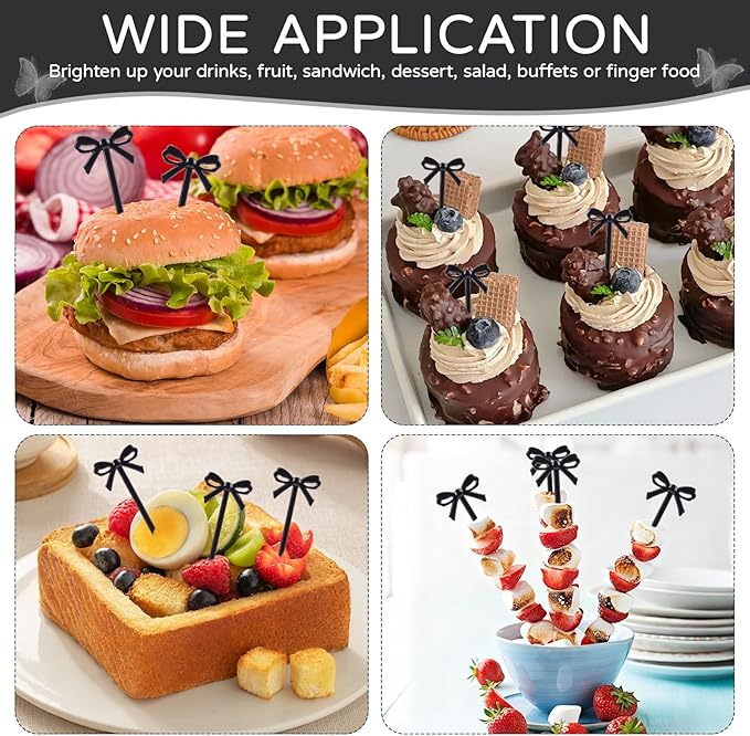 100Pcs Bow Cocktail Picks Party Toothpicks Christmas Black Plastic Fruit Skewers Bow Drink Stirrers Cupcake Toppers Fancy Toothpick for Appetizers Drinks Wedding Coquette Birthday Bow Party Decor