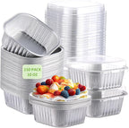Aoriher 150 Pieces 10 oz Mini Cake Pans with Lids Aluminum Foil Baking Cups Square Disposable 4" x 4" Large Cupcake Cups Baking Tins for Kitchen Brownie Pudding Desserts Holders(Silver)