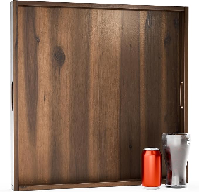 24 Inch Acacia Wood Square Ottoman Tray - Wooden Square Serving Tray - Extra Large Food Serving Trays for Decorative, Coffee Table, Breakfast in Bed - Charcuterie Trays (Walnut Color)