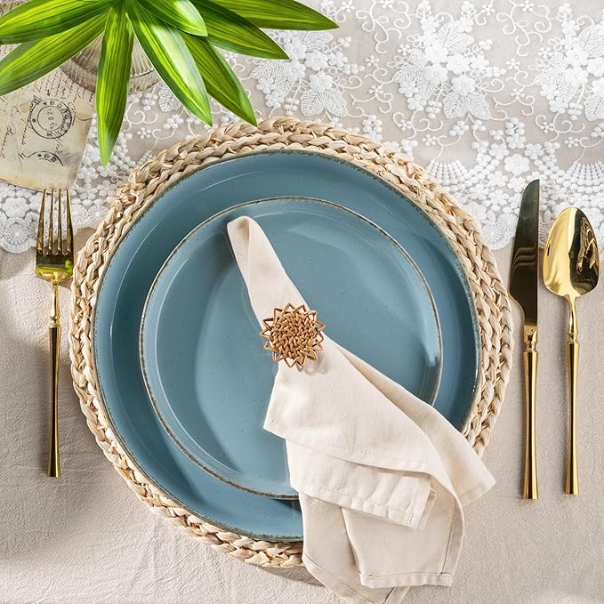 AmorArc Ceramic Dinnerware Sets for 4, 12 Pieces Handpainted Plates and Bowls Set with Rustic Terracotta Underside, Scratch Resistant Stoneware Dishes Set, Dishwasher & Microwave Safe