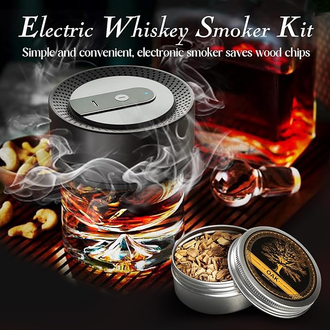 Electric Whiskey Smoker Kit with 6 Flavors Wood Chips, Rechargeable Cocktail Smoker Kit, No Butane Required (Built-in Lighter), Old Fashioned Drink Smoker Kit, Birthday Gifts for Men, Dad, Husband