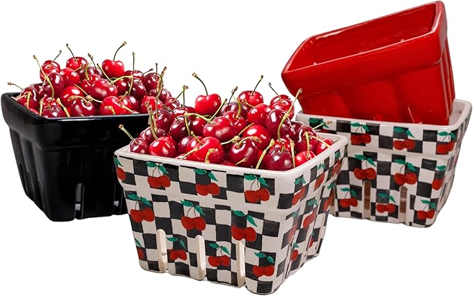 Ceramic Berry Basket -Checkered black and White with red Cherries pattern-Colander -Modern Kitchen Decor Fruit Bowls - Checkerboard Fruit Baskets, Farmer's Market Harvest Bowls Set of 4