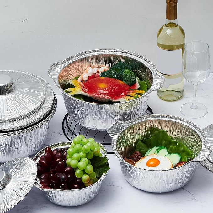 12 Pcs Disposable Aluminum Pot with Lid Round Foil Pans Disposable Cookware Food Container for Vacation Trips Camping Baking Heating Cooking (33.8,67.6,121.7 oz)