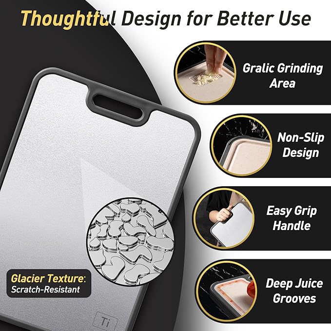 2 in 1 Pure Titanium Cutting Boards for Kitchen Non Toxic Chopping Board with Handle Large Big Small Kitchen Meat Butcher Block Not Stainless Steel Wood Bamboo Plastic Silicone Acrylic Teak Sink