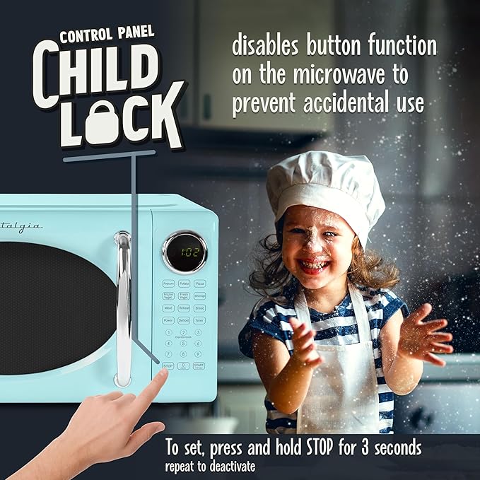Nostalgia Retro Microwave Oven 0.7 Cu Ft, 700-Watt Countertop Size with Glass Turntable, Child Safety Lock, 8 Auto-Cook Programs, Digital Clock, Aqua