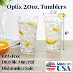 US Acrylic Optix Plastic Reusable Drinking Glasses (Set of 8) 20oz Water Cups in Clear | BPA-Free Tumblers, Made in USA | Top-Rack Dishwasher Safe
