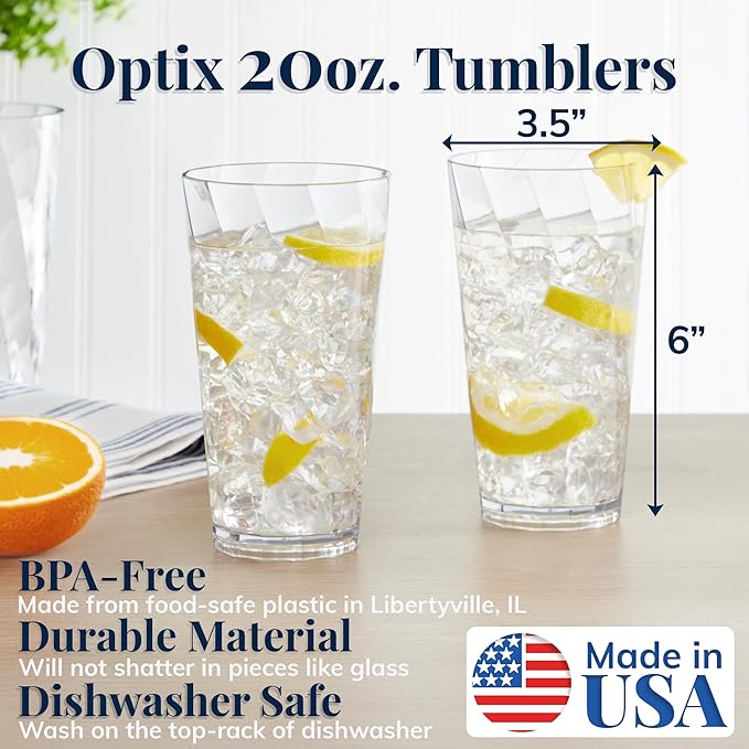 US Acrylic Optix Plastic Reusable Drinking Glasses (Set of 8) 20oz Water Cups in Clear | BPA-Free Tumblers, Made in USA | Top-Rack Dishwasher Safe