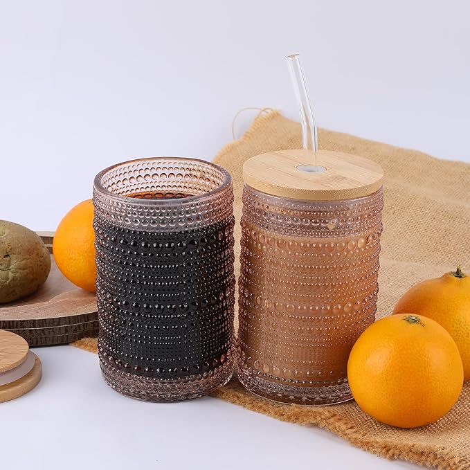 Vintage Drinking Glasses Set of 4 with Bamboo Lids, Textured Clear Striped Ribbed Glassware Set Cocktail Set Beaded Glass Cups Old Fashion Embossed Iced Coffee Cup for Beer, Beverage(16 oz), Rose Gold