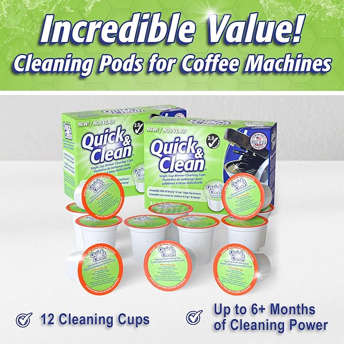 Quick & Clean [12-Pack] Keurig Cleaning Pods - K Cup Cleaner Pod For Keurig - 2.0 Coffee Machine Compatible, Removes Stains, Non-Toxic and Eco-Friendly