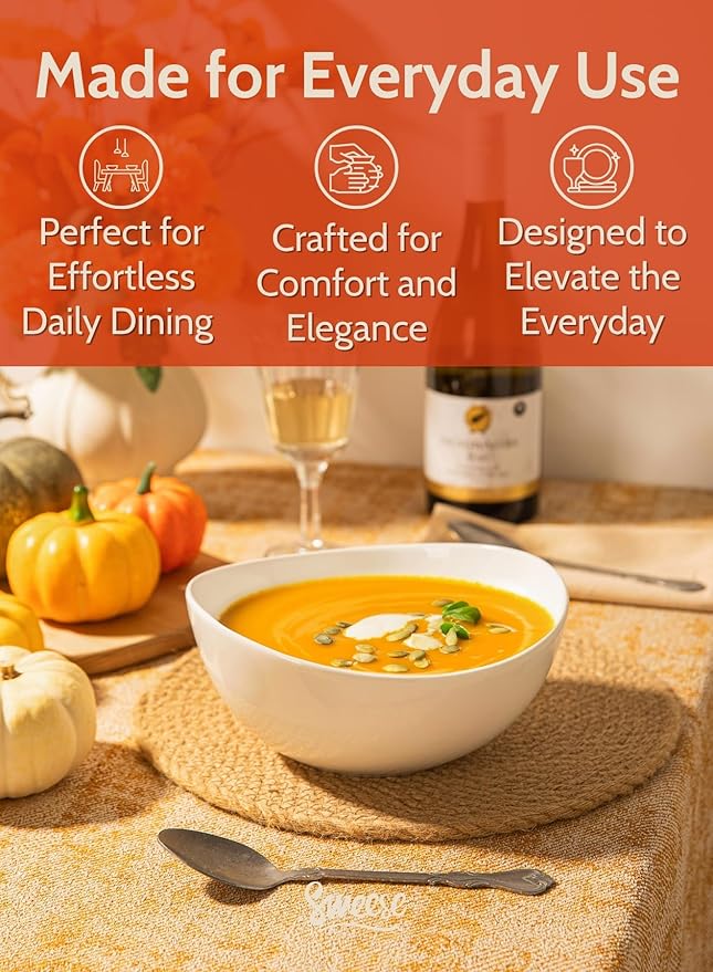 Sweese 42oz Porcelain Serving Bowls - Set of 4, 8-Inch White Bowls for Salad, Soup, Pasta & More - Microwave, Dishwasher & Oven Safe