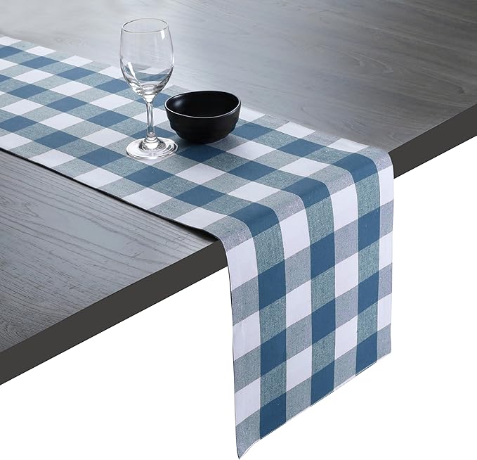 Native Fab Table Runner Buffalo Check Plaid 100% Cotton - 13x72 Inches Kitchen Dining Table Decoration for Indoor Outdoor Farmhouse Home Party Decor - Teal Green and White
