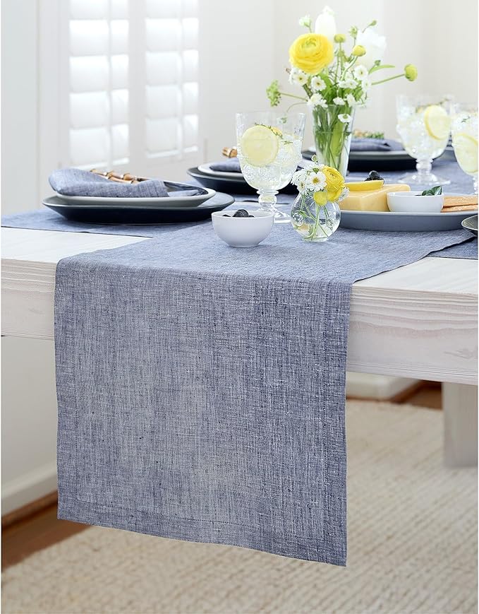 Solino Home Linen Chambray Indigo Table Runner 108 Inches Long - Athena, 100% Pure Linen 14 x 108 Inch Table Runner for Summer