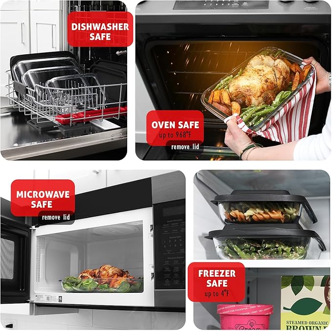 EATEX 16-Piece Deep Glass Casserole Dishes for Oven with Plastic Lids, Glass Baking Dishes for Oven, Rectangular Bakeware for Lasagna, Cooking, Leftovers, Kitchen, Freezer to Oven Dishwasher Safe