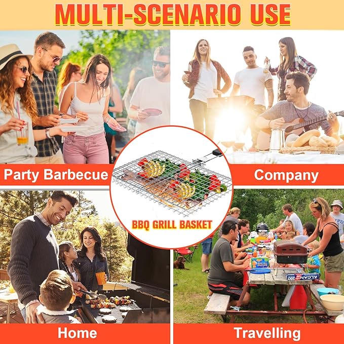 Grill Basket for Outdoor Grill, Stainless Steel Grilling Basket with Foldable Handle, Portable BBQ Cooking Rack for Fish, Vegetables, Shrimp, Chicken - Includes BBQ Skewers 6pcs,Basting Brush,Scrub Sponge-Upgrade