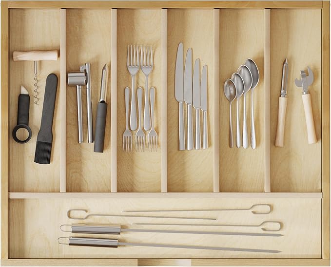 WelFurGeer Solid Birch Wood Silverware Drawer Organizer, Wooden Cutlery Drawer Organizer, Utensil Tray for Kitchen Drawers, Kitchen Utensil Organizer for Silverware, Flatware, Spoons, Forks, Knives