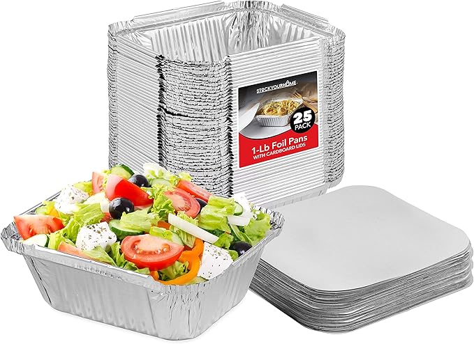 Stock Your Home 1 Lb Aluminum Disposable Cookware With Lids (25 Pack) - Foil Pans Cardboard Lids - Disposable & Recyclable Takeout Trays With Lids - Food Containers For Restaurants, Catering, Delis