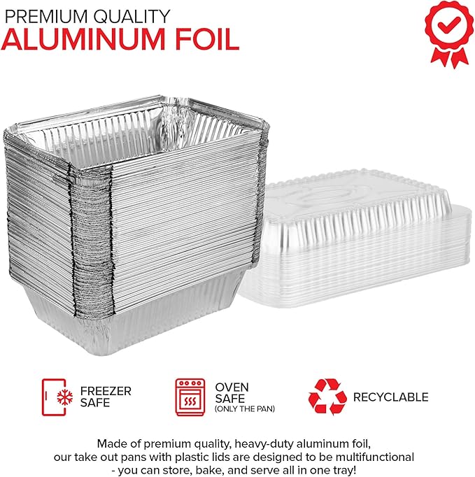 Stock Your Home 2 Lb Small Aluminum Pans with Lids (100 Pack) Foil Pan + Clear Plastic Lid, Disposable Cookware, Takeout Trays with Lids - To Go Disposable Food Containers for Restaurants & Catering