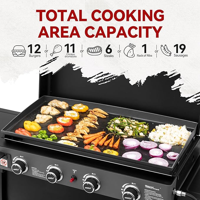 Royal Gourmet PD4001 4 Burner Propane Gas Griddle with Removable Standing Cart, Convertible to Tabletop Design, Flat Top Grill with Hood for Camping, Tailgating, Backyard, Black