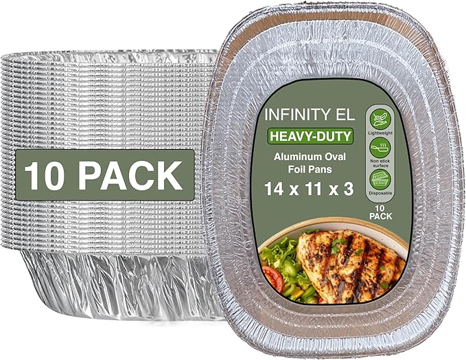 INFINITY EL Large Disposable Oval Aluminum Pans 10 Pack | Deep Disposable Baking Pan | Heavy Duty Oval Aluminum Roasting pan for Chafing, Turkey, Lasagna, Thanksgiving, Christmas, Parties & Meal Prep