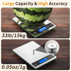 Food Scale, 33lb Digital Kitchen Scale with Stainless Steel & Tempered Glass, USB Rechargeable, 1g / 0.05oz Precise Graduation, Waterproof and Sturdy Surface, for Cooking, Baking, Weight Loss