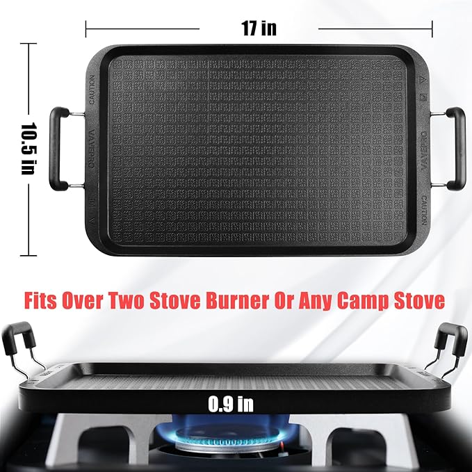 Vayepro Stove Top Flat Griddle, 17 Inch 2 Burner Griddle Pan for Stove Top Grill, Aluminum Pancake pan, Non-Stick Charcoal Grill For Outdoor/Camping