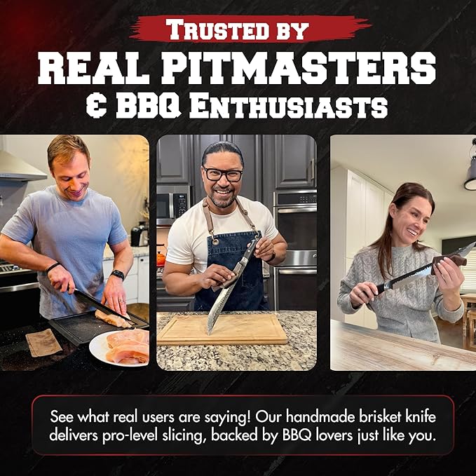 Kitchen perfection 12" Handmade Brisket Knife, Meat Cutting Carving & Slicing BBQ Knife For Men – Insanely Sharp San Mai Steel, W/Leather Sheath Premium Ergonomic Handle, Best Grilling Gifts for Men