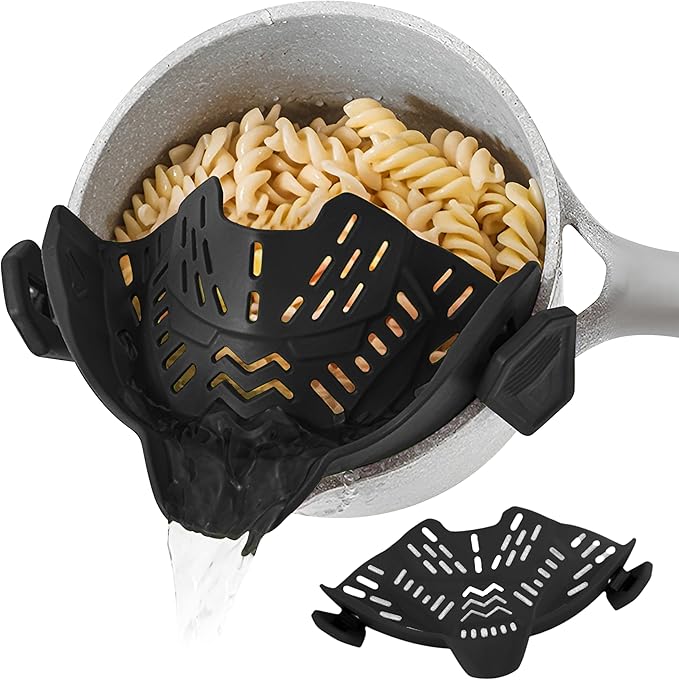 Clip On Strainer, Pot Strainer for Pasta, Vegetables, Fruit and Meat- Kitchen Silicone Strainer Colander for All Pots, Pans and Bowls (Black)