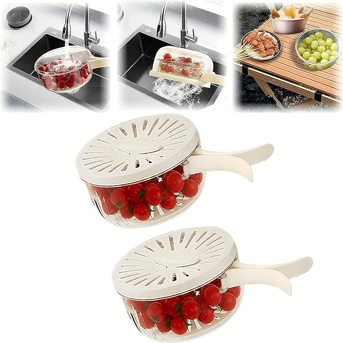 2 Pcs Multipurpose Drain Basket with Lid & Foldable Handle,2 in 1 Draining and Preservation Basket,Fruit Strainer Container with Lid for Fridge Freshness,Outdoor Picnics(1QT+1QT)