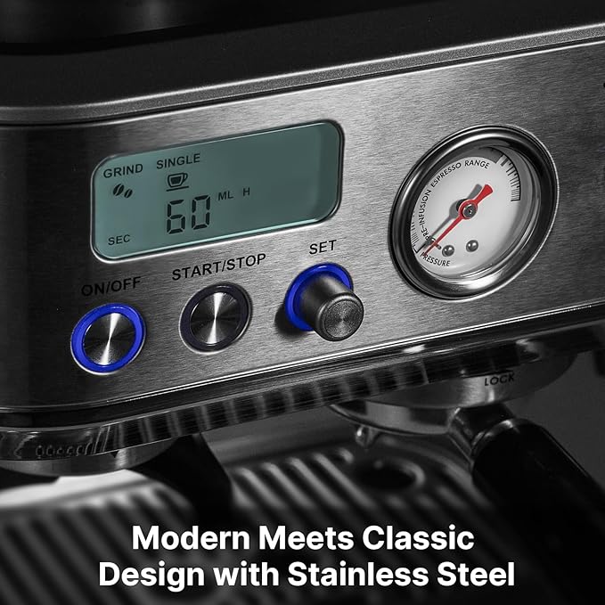 Espresso Machine with Grinder, Espresso Maker with 58MM Portafilter & Milk Frother, Latte Machine, Cappuccino Machines for Home, Automatic Stainless Steel Expresso Coffee Machines