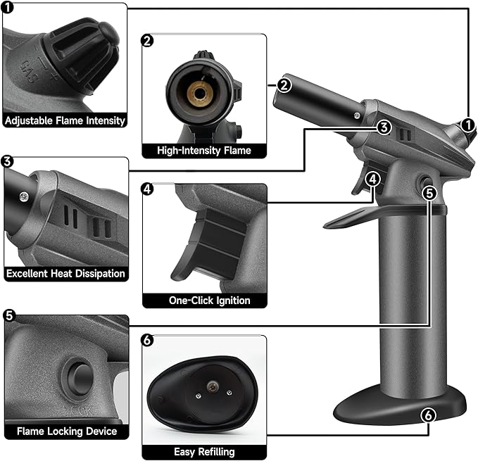 Butane Torch Blow Torch Creme Brulee Torch Refillable Butane Torch Lighter Kitchen Torch Cooking Torch for Food Baking Crafts BBQ Creme Brule(Safety Lock & Adjustable Flame)