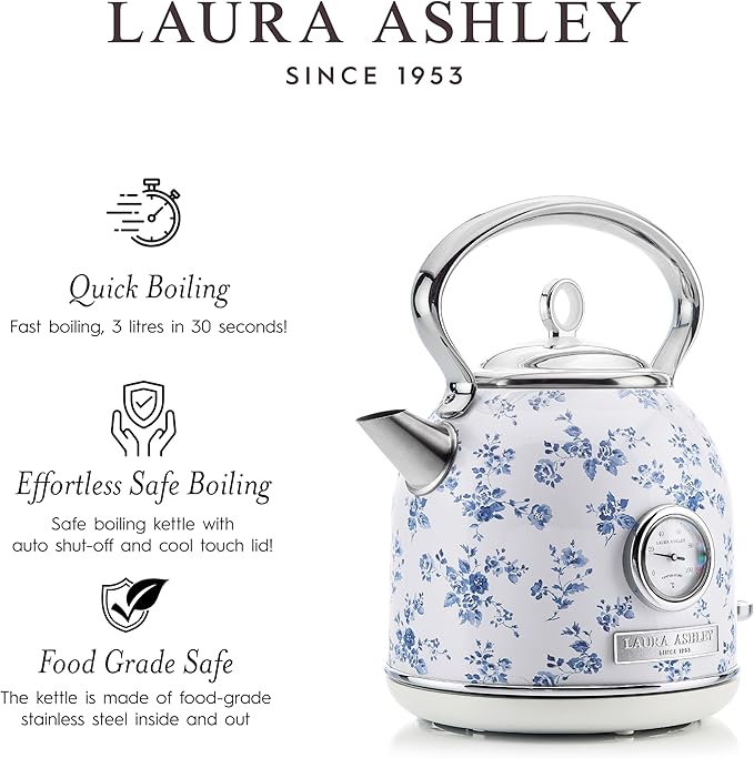 Laura Ashley Stainless Steel Electric Kettle 1.7 Liter - 1500W Rapid Boil Electric Kettles for Boiling Water - Electric Tea Kettles Automatic Shut Off - Overheat & Boil Dry Protection Cordless Kettle