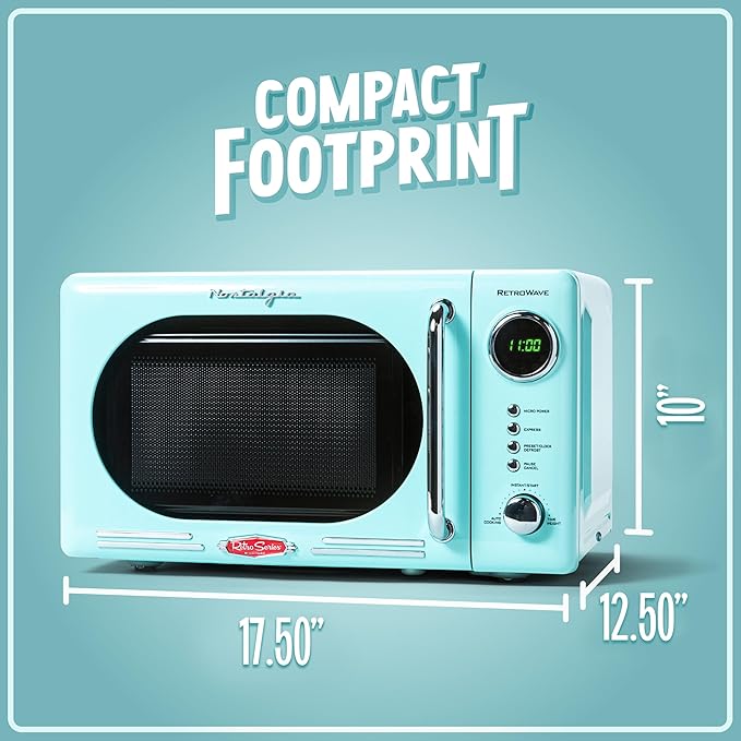 Nostalgia Retro Compact Countertop Microwave Oven, 0.7 Cu. Ft. 700-Watts with LED Digital Display, Child Lock, Easy Clean Interior, Aqua