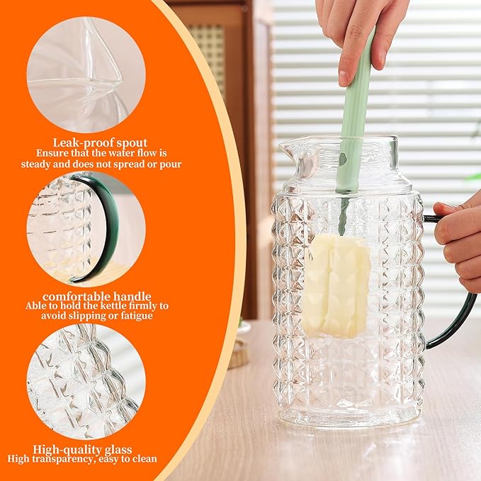 2 Liter (68oz) Glass Pitcher with Lid and Spout, Heavy Duty Water Jug with Handle Borosilicate Heat Resistant Carafe for Hot/Cold Drinks -for Iced Tea, Coffee, Lemonade, Infused Water