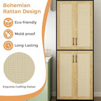 Kitchen Pantry Cabinet, 67" Tall Rattan Storage Cabinet with Doors and Adjustable Shelves, Wooden Linen Pantry Cupboard for Small Spaces Laundry Room Bathroom, Food Snack Towels Storage, Black