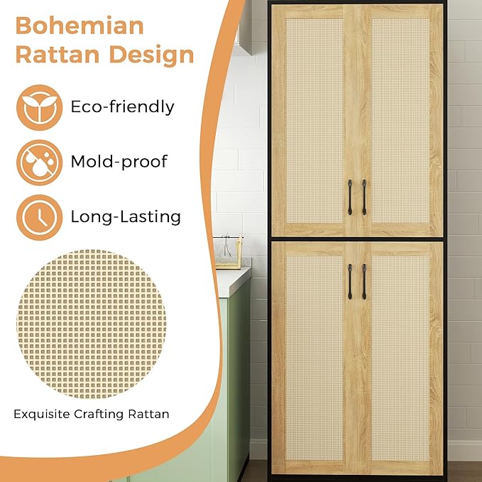 Kitchen Pantry Cabinet, 67" Tall Rattan Storage Cabinet with Doors and Adjustable Shelves, Wooden Linen Pantry Cupboard for Small Spaces Laundry Room Bathroom, Food Snack Towels Storage, Black