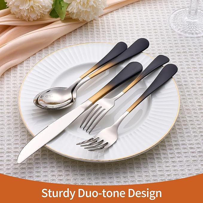 20 Piece Black Gold and Silver 18/0 Flatware Utensil Set for 4, Include Dinner Knife,Dinner Forks,Dinner Spoons,Salad Forks,Teaspoons,Silverware Set for 4, Dishwasher Safe