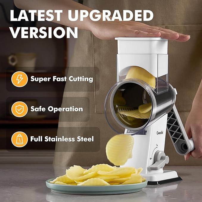 Geedel Rotary Cheese Grater - Upgraded Vegetable Shredder with 4 Interchangeable Blades, Easy to Clean Cheese Shredder with Handle, Kitchen Grater Nuts Grinder for Cutting Cheese, Vegetable, Nuts