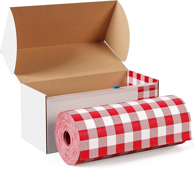 Exquisite Party Solids 54 Inch X 100 Feet Red Gingham Plastic Table Cover Roll in A Cut - to - Size Box with Convenient Slide Cutter. Cuts Up to 12 Rectangle 8 Feet Plastic Disposable Tablecloths