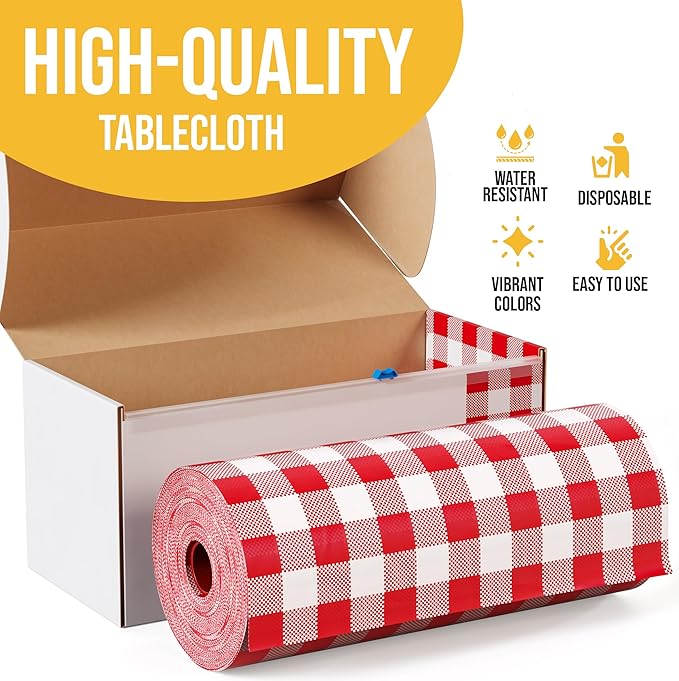 Exquisite Party Solids 54 Inch X 100 Feet Red Gingham Plastic Table Cover Roll in A Cut - to - Size Box with Convenient Slide Cutter. Cuts Up to 12 Rectangle 8 Feet Plastic Disposable Tablecloths